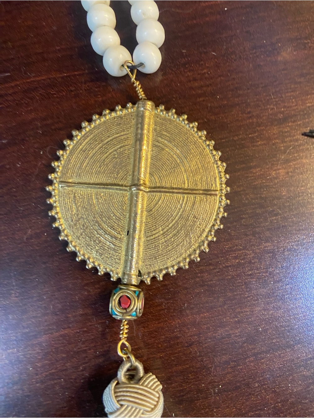 Vintage Gold Medallion Tassel Pendant Necklace with bone Beads